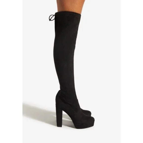 NIB Black Faux Suede Over The Knee Block Heel Baddie Boots - Picture 3 of 6